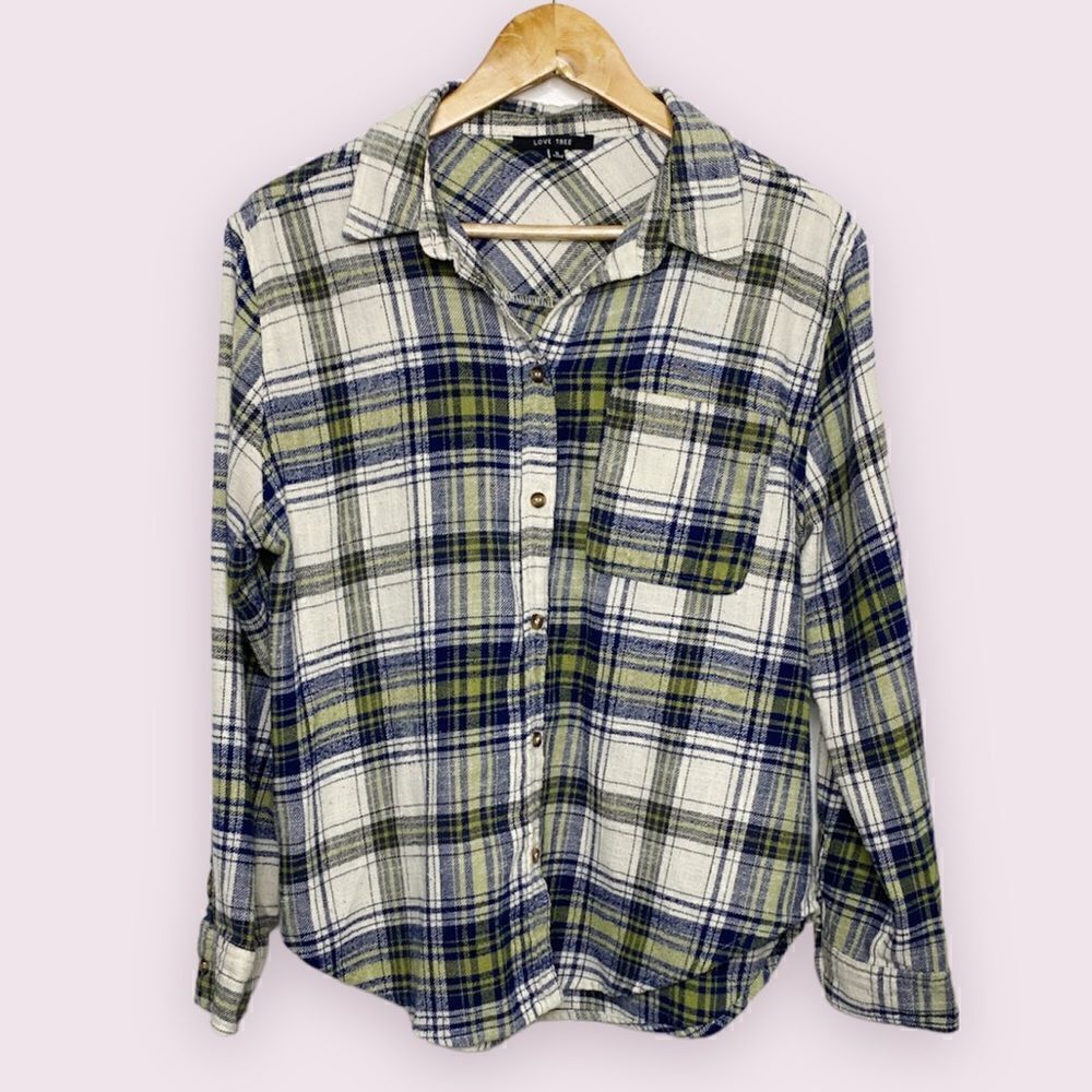 Love Tree Button Down Flannel Green Blue White Small